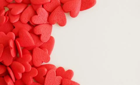 Red hearts pattern frame isolated on white background top view with copy space,  Stock Photos