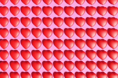 Red hearts pattern on a pink background. 3d illustration. Illustrazione stock