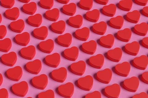 Red hearts pattern on a pink background. 3d illustration. Illustrazione stock