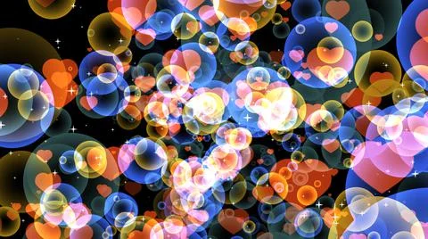 Red hearts random size with gold and dark blue bubbles floating on black back Stock Illustration