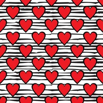 Red hearts seamless pattern on doodle line background. St. Valentines day wra Stock Illustration