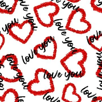 Red hearts seamless pattern with love you, endless background for valentine day Stock Illustration