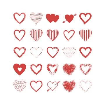 Red Hearts Set Texture Doodle Grunge Love Shapes Symbol Collection 스톡 일러스트