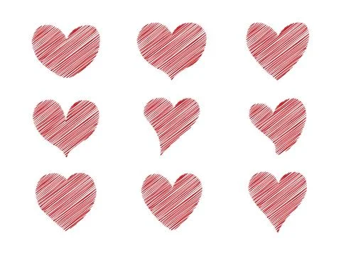 Red hearts with trendy scribble texture. Set of love symbol for web site lo.. Stock Illustration