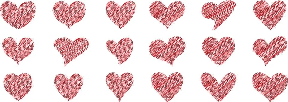 Red hearts with trendy scribble texture. Set of love symbol for web site lo.. Stock Illustration