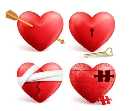 Red hearts vector 3d realistic set with arrows, key holes, puzzle Stock Illustration