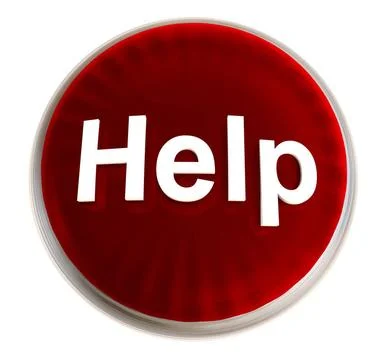 Red help button Bright red help button with silver bevel and white text Co... Stock Photos