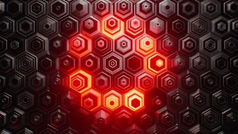 Red Hexagon Grid Abstract Background Glowing with Metallic Light Effects. Looped Stock Footage 341675149