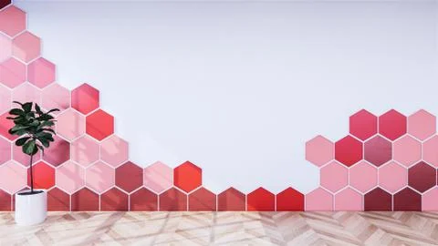 Red Hexagon tiles wall on Empty white room on wooden floor interior design. 3 Stock Illustration