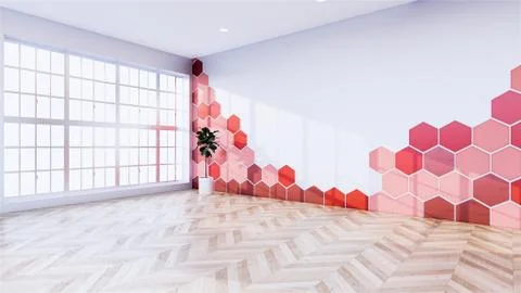 Red Hexagon tiles wall on Empty white room on wooden floor interior design. 3 Stock Illustration