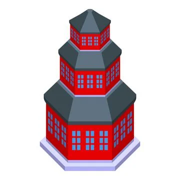 Red hexagonal building with three levels and dark gray roof in isometric view Ilustración de archivo