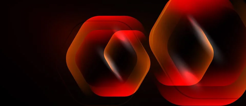 Red hexagons overlap, creating glowing effect. Dark background emphasizes Illustrazione stock