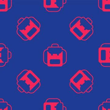 Red Hiking backpack icon isolated seamless pattern on blue background. Camping 스톡 일러스트
