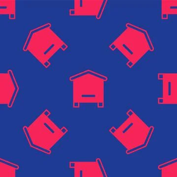 Red Hive for bees icon isolated seamless pattern on blue background. Beehive  Ilustración de archivo
