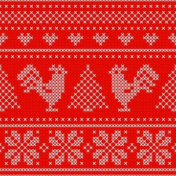 Red Holiday seamless pattern with cross stitch embroidered roosters Stock Illustration