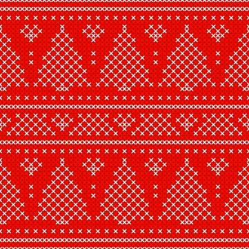 Red Holiday seamless pattern with cross stitch embroidered fir-tree and hearts Stock Illustration