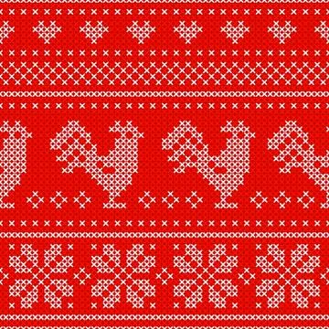 Red Holiday seamless pattern with cross stitch embroidered roosters Stock Illustration
