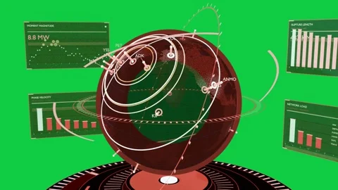 Red holo globe receiving data, spinning and forming rings while showing node Stock-Footage 341869576
