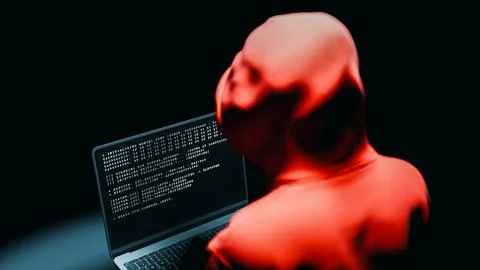 Red hoodie hacker coding on laptop. 3d rendering Stock Illustration