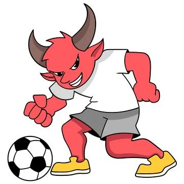 Red, horned devil is excitedly carrying a soccer ball Stock Illustration