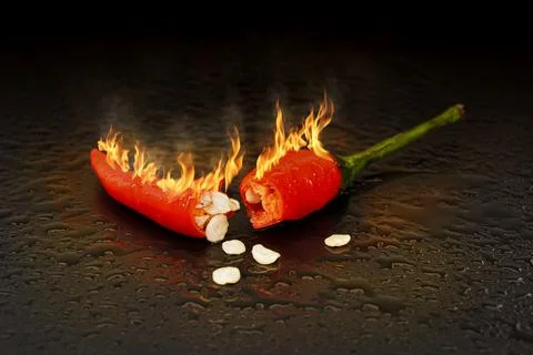 Red hot chilli peppers and chilli seeds with smoldering fire flames Stock Photos