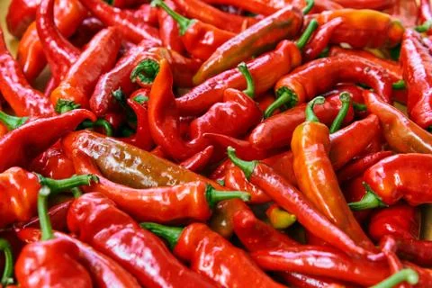 Red hot chilli peppers pattern texture background. Close up. Landscape. A Stock Photos