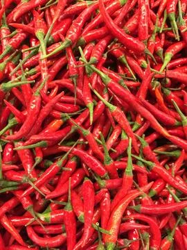 Red hot chilli peppers pattern texture background. Close up. Landscape. A backdr Stock Photos