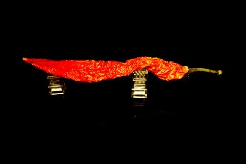 Red hot chilli on two network adapters isolated on black with reflections Stockfoto's