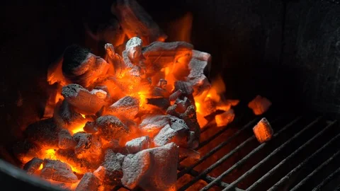 Red hot coal burning inside the black metal brazier grill 스톡 동영상 108113361