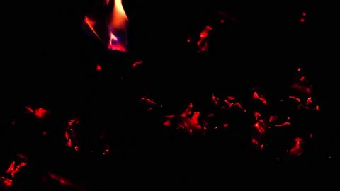 Red hot coals in the extinguished fire fanned by the wind. Stock Footage 140390218