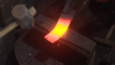 Red Hot Iron Forging with Fire Sparks, 4K Footage Stock Footage 319958593