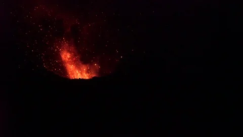 Red Hot Lava Explodes From Erupting Volcano At Night Stock Footage 93922519