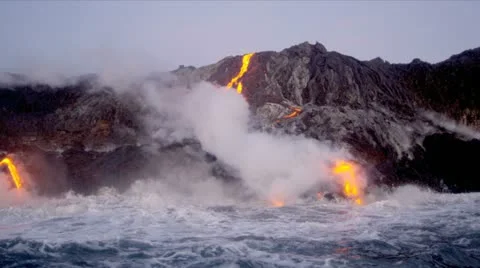 Red Hot Lava Falling Ocean Waves Hawaii Stock Footage