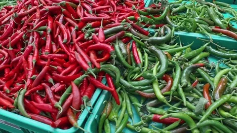 Red hot pepper on shop windows. Stock Footage 77689216