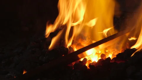 Red Hot Steel Bar Inside Traditional Blacksmith Forge Close Up Stock Footage 340016889