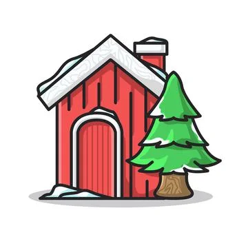 Red house and tree covered with snow in cute line art illustration Stock Illustration