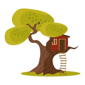 Red house on green tree with hanging ladder vector illustration Ilustração Stock