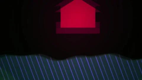 Red house icon on black background with blue lines. Stock Footage 337517540