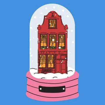 Red House Inside Snow Globe with Falling Snowflakes Illustrazione stock