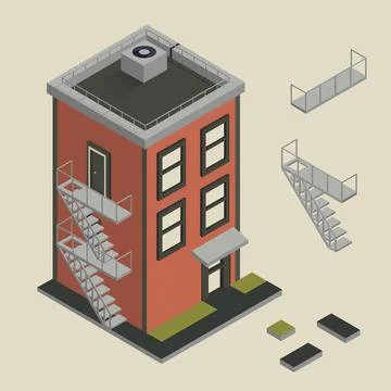 Red house. Road elements. Block. Fire escape. Stairs. Sidewalk. Isometric. Stock Illustration