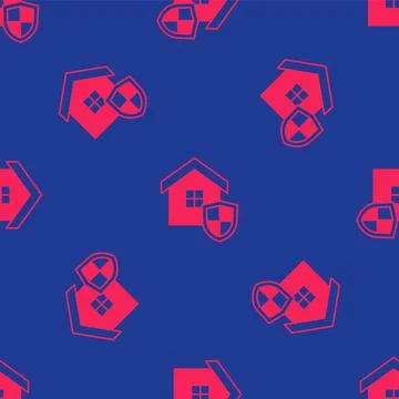 Red House with shield icon isolated seamless pattern on blue background Stock Illustration
