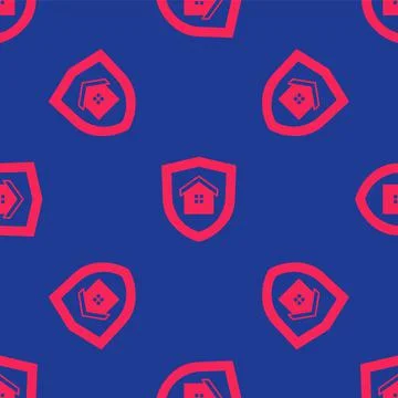 Red House with shield icon isolated seamless pattern on blue background Stock Illustration