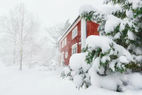 Red house in snowfall Foto stock