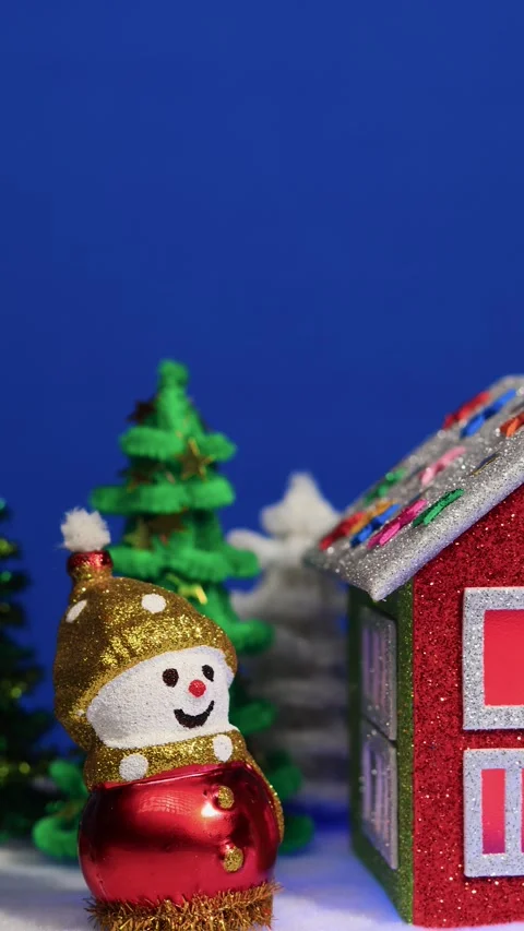 A red house surrounded on both sides by a snake statue and snowmen Stock Footage 299542438