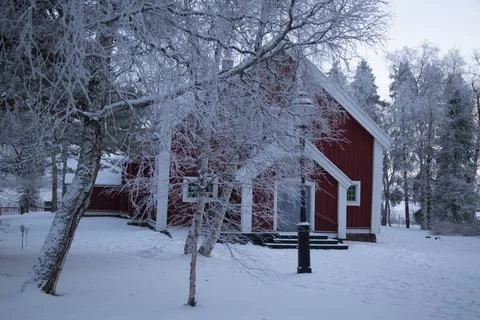 Red house in winter forest Stock Photos