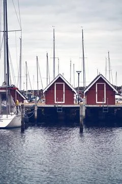 Red houses at Harbour in Denmark Foto stock