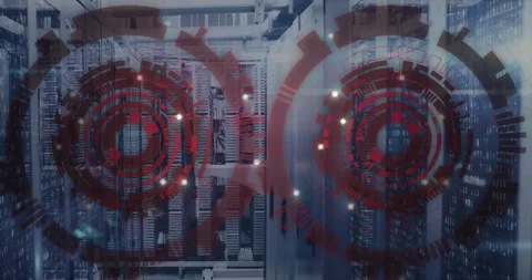 Red HUD overlay activating on sensor ping, rotating rings scanning server racks Video stock 321099215