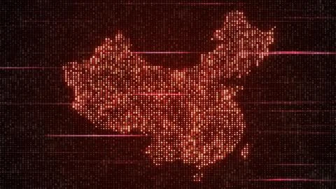 Red Hud Square Elements Mosaic Grid Map Of China Flat Screen Light Streaks Stock Illustration