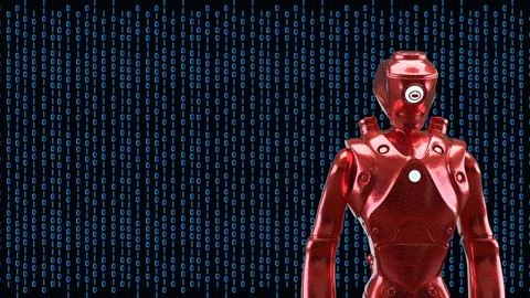 Red Humanoid Robot With Digital Binary Background 3d render. Illustrazione stock