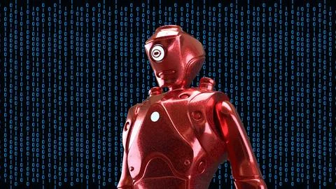 Red Humanoid Robot With Digital Binary Background 3d render. 库存插图